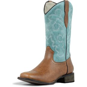 J's.o.l.e Square Toe Cowboy Boots for Women Cowgirl Fashion Two-toned Western Boots Mid Calf Brown