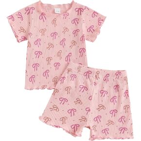 Thorn Tree Baby Girl Summer Outfits Toddler Clothes Cute Bow Tie Print Short Sleeve T-Shirt Pocket Shorts Set
