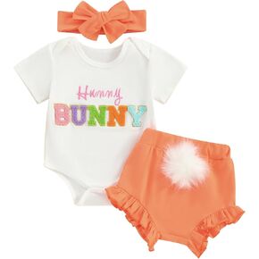 Infant Baby Girl Easter Outfits 3Pcs Letter Print Short Sleeve Romper Cute Ruffle Shorts with Bow Headband