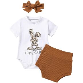 Omkzanbi 3PCS Newborn Baby Girl Easter Outfit Hunny Bunny Bodysuit Onesie Ruffles Bloomer Shorts Pompoms Tail Summer Clothes