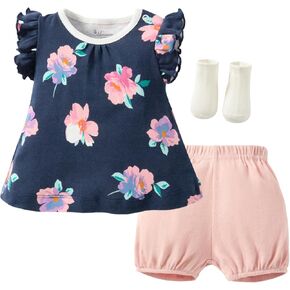 Baby Girl Short Sets 0-24 Months,3-Piece Short-Sleeve Dress, Shorts & Socks,Soft Cotton, Breathable Summer Outfits