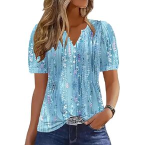 ETCYY Womens Shirts Dressy Casual Short Sleeve Tops 2024 Summer Tops Spring V Neck Button Down Pleated Shirts