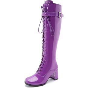 LIURUIJIA Women's Gogo Boots Lace up Knee High Block Heel Side Zipper Riding Boots
