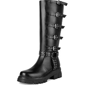Women's Knee High Boots Riding Buckle Boots Chunky Heel Fashion Biker Motorcycle Boots Round Toe Platform Zipper Black Moto Booties Rivets