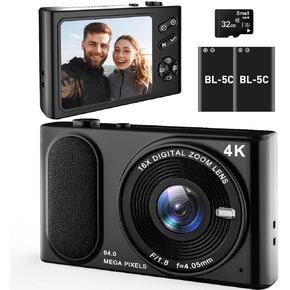 4K UHD Digital Camera, 64MP Autofocus Vlogging Camera 16X Zoom, Compact Digital Point and Shoot Camera with Anti-Shake, Small Travel Camera for Adult Beginners Teens, 32GB Card, 2 Batteries(Black)