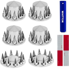 Chrome Front and Rear Axle Complete Wheel Hub Covers Kit with 32/33 mm Thread-On Lug Nut Covers for Semi Trucks or Trailer (Installation Tool Included)