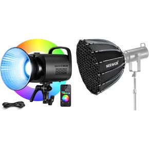 NEEWER CB100C 130w RGB LED Video Light, APP/2.4G Control 360° Full Color COB Continuous Output Lighting and NS55P Parabolic Softbox Quick Release with Diffuser and Grid, 22" Photography Softbox