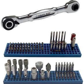 FREE ZONE 158-Hole Blue Bit Organizer with CONQUER Mini Combo Dual Ratchet Socket – Compact Precision and Organization Toolkit