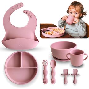 Silicone Baby Feeding Set – Baby Utensils 6-12 Months Complete Baby Led Weaning Supplies Set w/Suction Plate, Bowl, Cup, Bib &Training Spoons, Toddler Utensils, Food Grade Silicone, Dishwasher Safe