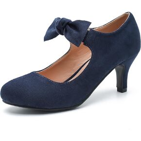 Women's Cute Bow Heels Mary Jane Kitten Heel Pumps Closed Round Toe Low Heels Ankle Strap Wedding Evening Party Dress Office Work Church Shoes