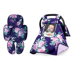 Baby Carseat Cover & Head Support for Girls, Purple Floral Newborn Carseat Canopy with Peep Windows, Infant Car Seat Insert for Stroller, Bouncer, Swing
