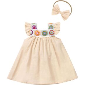 OBEEII Baby Girls Floral Embroidery Mexican Dress Toddler Casual Flutter Sleeve Cinco De Mayo Fiesta Dress with Headband