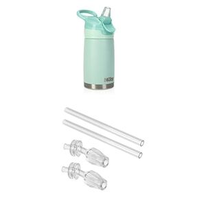 Nuby Thirsty Kids No Spill Flip-It Reflex Stainless Steel Travel Cup or Water Bottle - 10 Oz - Aqua Mint Thirsty Kids Reflex Flip-it 2 Pack Replacement Spout and Extension Straw Sets