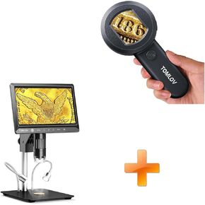 TOMLOV P10 Microscope for Adults Kids, Handheld Coin Magnifier with Light for Error Coins, Collector Portable 100X Jewelers Loupe+DM702