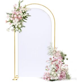 Wedding Arch Backdrop Stand with White Cover Set, 7.2 FT Open Double U Shaped Metal Frame Background Support for Ceremony, Baby Shower, Birthday Party, Graduation Party, Photo Backdrops (Gold)