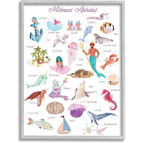 Stupell Industries Alphabet of Mermaids ABC Kid's Nautical Fantasy, Designed by Ziwei Li Gray Framed Wall Art, 16 x 20, Pink