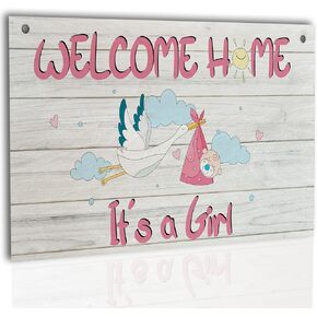Welcome Home It’s a Girl Wooden Door Sign, 9.8x5.9 Inch Pink Baby Shower Door Décor for Front Door & Nursery, Hanging Newborn Announcement Plaque, Unique Gift for Baby Girls & Parents