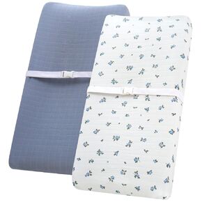 LifeTree Diaper Changing Pad Cover Unisex - Soft Muslin Fitted Changing Table Sheets - 16"x32" Organic Cotton - Blueberries and Mist Blue
