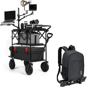 TARION Video Production Camera Cart + Camera Backpack TBS Black: Foldable Rolling Cart with 360° Swivel Wheels 3 Shelves Photograhpy Workstation + Camera Bag Backpack for Photographer