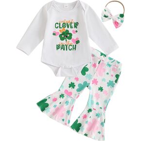 My First St Patrick's Day Baby Girl Outfit Cute Shamrock Romper Flare Long Pants Bow Headband Infant Spring Clothes