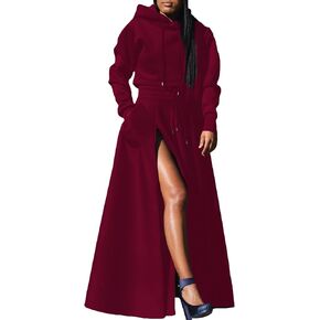 Women's Casual 2 Piece Outfits Long Sleeves Hoodies Sweatshirts and High Waist Split Skirt Sweatsuit Lounge Sets