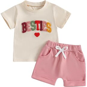 WZTYYDS Toddler Baby Girl Summer Clothes Letter Heart Embroidered Short Sleeve T-Shirt Tops Solid Shorts 2 Piece Outfit
