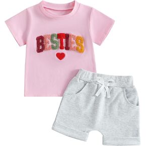 WZTYYDS Toddler Baby Girl Summer Clothes Letter Heart Embroidered Short Sleeve T-Shirt Tops Solid Shorts 2 Piece Outfit in Saudi Arabia