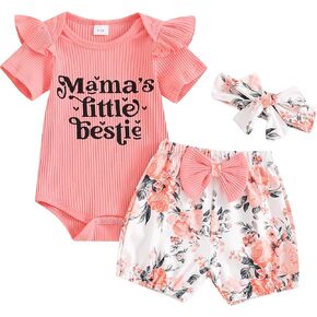 Baby Girl Mothers Day Outfit Newborn Fly Sleeve Ribbed Romper Bows Shorts Headband 3 Piece Summer Clothes Set