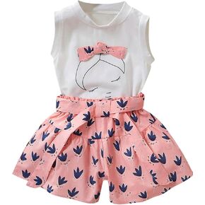 Casual Girls 2 piece set - Sleeveless cotton Bowknot Top and Printed Shorts