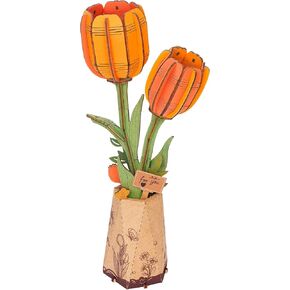 rowood Wooden Flower,DIY 3D Puzzles for Adults,Artifical Flower Botanical Collection Building Set,Mother's Day/Valentine's Day Orange Tulip