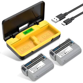 EN-EL15 EN-EL15C Batteries 2 Pack 2280mAh, USB-C 20W Fast Charge Case Replacement Battery Compatible with Nikon Z6 Z6iii Z7 Z8 D7500 D7000 D7100 D7200 D500 D600 D610 D750 D780 D800 D800E D810A D850