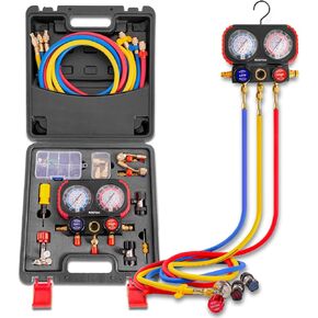 AC Gauges, AC Manifold Gauge Set for R22/R410a/R134a Refrigerant, 3 Way HVAC Refrigerant Gauges Set with R22 R410a Safety Valves, 5FT Hoses, R134a Adapters, Can Tap