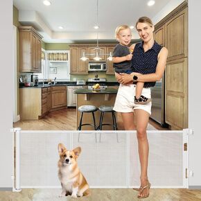 Reinforced 22" Tall Retractable Pet Gate Short Dog Gates to Step Over, 75" Wide Pet Gate for Stairs with Support Rods - Prevent Crawling Under, Small Pet Gate Retractable Dog Gate for Doorways, White