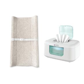 Contoured Changing Pad w/Cover (Off White, Wave) + Wipe Warmer (Aqua)
