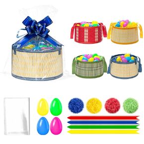 4Sets Large Easter Basket Easter Baskets for kids Foldable Easter Baskets with Handle Raffia Ribbon Cellophane Bags 12 Colorful Eggs for Easter Egg Hunt Baskets for Gifts Empty