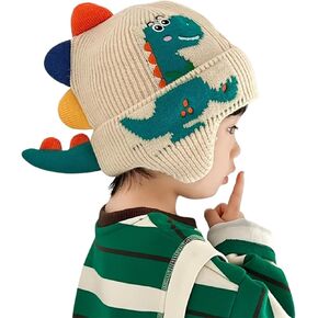 Children's Dinosaur Winter Hat with Ear Protection – Cozy and Stylish Beanie for Boys and Girls, Dinosaur-Themed Kids' Hat (Beige)