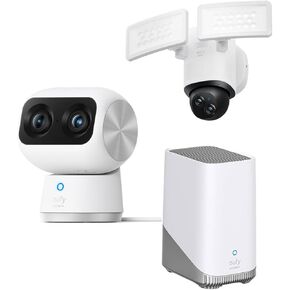 eufy Security Indoor Cam S350, Dual Cameras, 4K UHD Resolution Security Camera with 8× Zoom and 360° PTZ Floodlight Camera E340 Wired, 360° Pan and Tilt + HomeBase 3