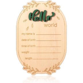 Hello World Newborn Announcement Sign, 5.9x4.1in Wooden Birth Baby Name Plaques Announcement Board Baby Welcome World Name Sign for Boys and Girls Photo Props Hospital Nursery