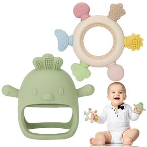 Socub 2 Pack Baby Teething Toys for Babies 0-6 Months, Silicone Teething Mitten and Wooden Ring Toy for Babies 6-12 Months, No Drop Teether Mitten and Ring Teether for Teething Relief(Dark Pink)