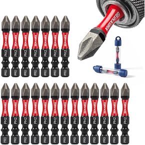 20Pcs Diamond Coated Impact Screwdriver Bit Set, 2 Inches #2 Phillips Power Driver Bits, Magnetic S2 Steel PH2 Screwdriver Bits Set with Tubes Package