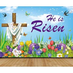 XCKALI He is Risen Backdrop Spring Easter Religious Crucifixion Floral Fence Grassland Party Decorastion Easter Cross Lily Party Wall Decoration 7x5FT