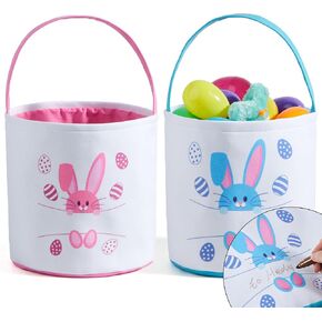 JOYIN 2 Pcs Easter Bunny Cotton Basket Set, Personalized Easter Basket with Name Sign Space, Blue & Pink Bunny Patterns, Gift Bags Party Favor Storage Container for Kids