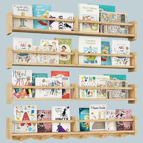34Inch Nursery Book Shelves Wall Mounted, Floating Book Shelf for Kids Coat Rack with 6 Hooks, Wall Hanging Shelf for Baby Nursery Room Organizer ，Patent Number:US-D1058229-S(4, Burlywood)