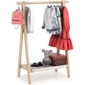 Dress up Rack, Child Garment Rack, Kids Clothing Rack with Storage Shelf (Natural Beech, 29.5" L x 14.5" W x 40" H)