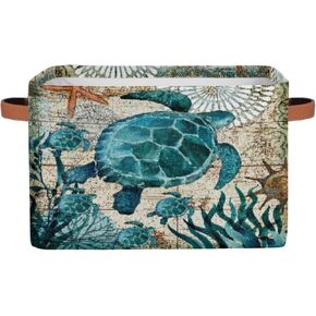 Sea Turtle Retro Map Storage Basket Bin Nautical Ocean Starfish Large Fabric Toys Storage Cube Box with Handles Collapsible Closet Shelf Cloth Organizer Basket for Nursery Bedroom Gift