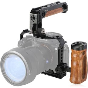 NICEYRIG A7IV A7RV A7SIII Cage with Top Handgrip, Wooden Side Handle for Sony Alpha 7 IV/7R IV/7S III Mirrorless Camera, DSLR Video Rig Stabilizer with Quick Release Plate for Arca-Style Cold Shoe