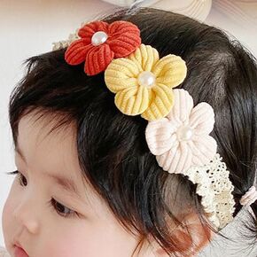 Baby Girls Flower Lace Elastic Headband Toddler Cute Flower pearl Stretch Hairband Soft Cotton Lace Floral Hair Accessories for Infant Baby Kids (Yellow)