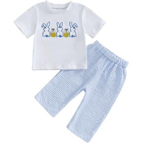 Toddler Bay Boy Girl Easter Clothes Bunny Embroidery Short Sleeve T-Shirt Tops Plaid Jogger Pants Set Spring Outfit
