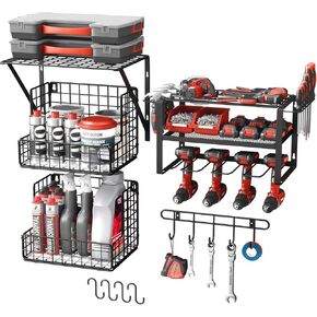 Power Tool Organizer Wall Mount - Multifunctional Garage Organization with Hanging Hooks and Baskets, Wall Shelving Drill Holder, Gift for Man Storage Rack, Black