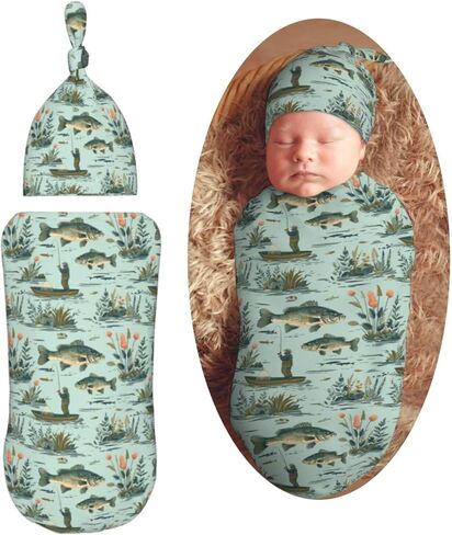 Fisher and Bass Fishes Newborn Swaddle Blankets Hat Sets Soft Baby Receiving Blanket Swaddle Sack for Baby Shower Infant Boy Girl Gift in Saudi Arabia